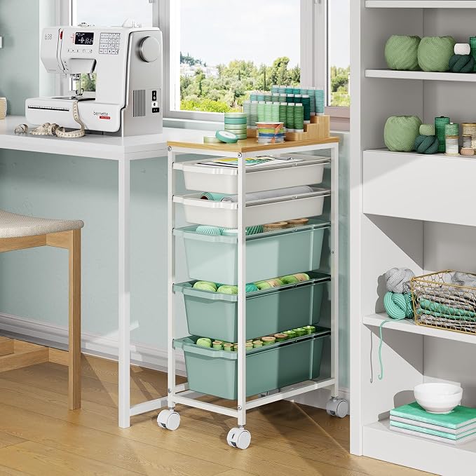 KINGBOARD Slim Rolling Cart with 5 Drawers, Metal Utility Storage Cart | Wooden Tabletop, Lockable Wheels, Table Side Trolley for Bedroom, Children's Room and Office Organization, Green - Image 7