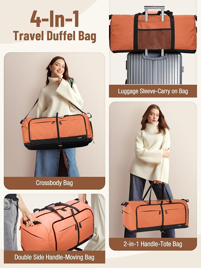 Lekesky Foldable Travel Duffel Bag for Women, 80L Large Duffle Bag with Separate Shoes Compartments & Straps, Carry On Weekend Bag for Women, Hospital, Overnight(Orange) - Image 5