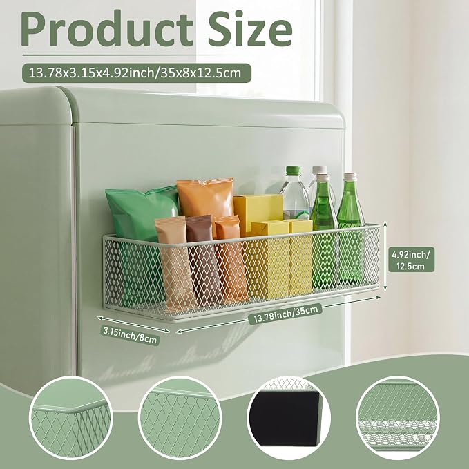 FoldTier 1 Pack Sage Green Magnetic Basket Dorm Mini Fridge Shelf Organizer Kitchen Storage Bin Container Spice Holder for Locker Refrigerator Pantry Dorm Essentials (13.8 x 3.1 x 4.9 Inch) - Image 2