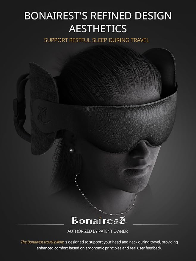Travel Pillow, Airplane Neck Pillow & 3D Eye Mask for Long Flight | Oversized Plane Head Strap for Sleep, 360°Support Headrest, Stop Bobblehead, Ultimate Travel Essentials for Men Women Black - Image 2