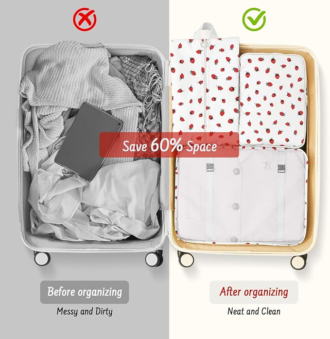 9 Set Packing Cubes for Travel Essentials - Lightweight Carry-On Luggage Organizer Bags with Shoe, Clothes & Laundry Bags for Airplane, Family & Business Travel, Beige strawberry - Image 8