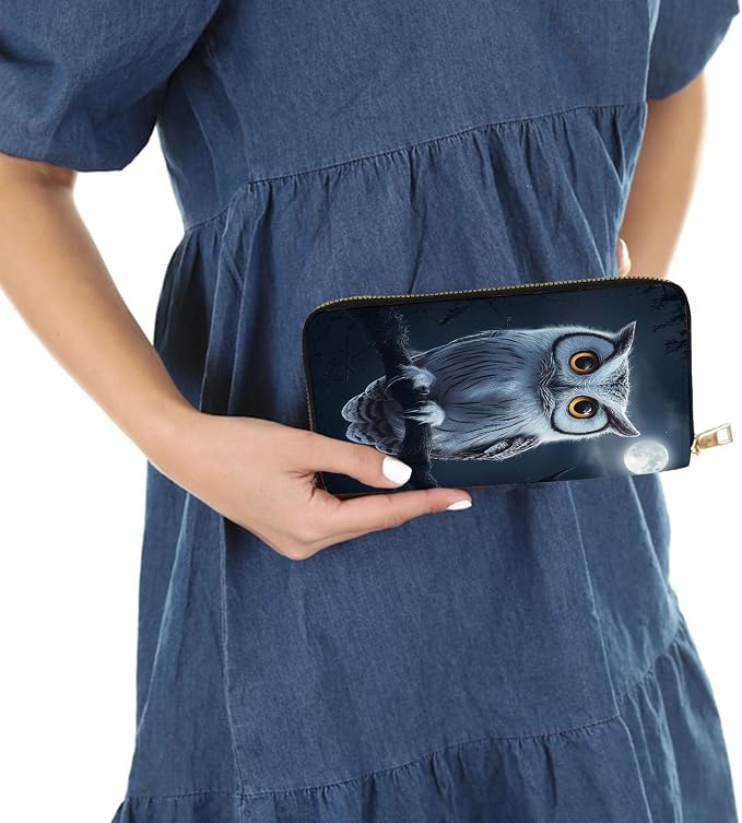 Women's RFID Blocking PU Leather Zip-Around Wallet, Large Capacity Clutch with Phone Holder, Travel Purse & Card Organizer with Removable Wristlet,Owl Moon - Image 6