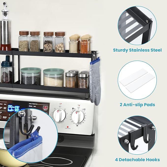 OTraki 2 Tier Strong Magnetic Oven Shelf 30 Inch Length Spice Rack | Over The Stove Shelf with 2 Anti-Slip Mats Seasoning & 4 Hooks Kitchen Spice Storage Organizer Black - Image 3