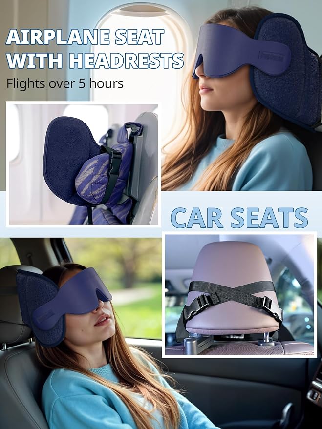 Travel Pillow fit Various Heights, Aiplane Sleep Stable Support | Seat Strap System, 360° Headrest Airplane Pillow for Long Flight, Stop Bobblehead, 3D Eye Mask, Travel Essential, Royal Blue - Image 6