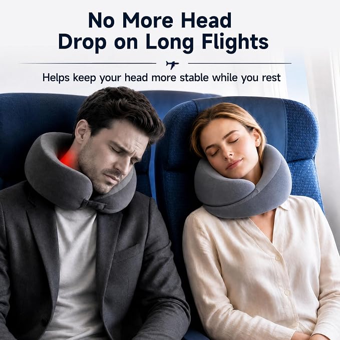 Airplane Travel Pillow, Wrap-Around Neck Support for Long Flights, Gray | Wrap-Around Neck Support Helps Keep Your Head Upright on Long Flights, with Eye Mask and Earplugs - Image 3
