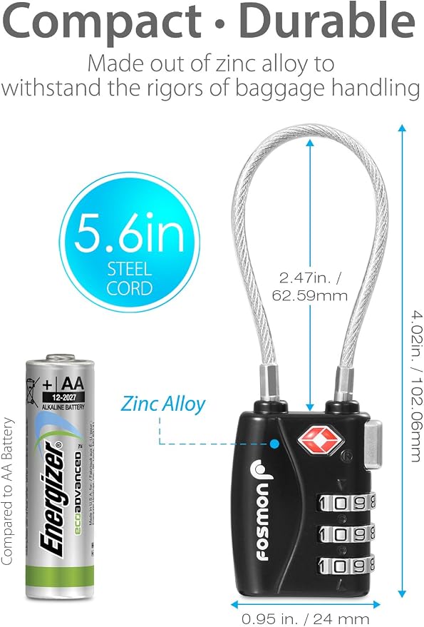 Fosmon TSA Approved Cable Luggage Locks, 3 Digit Combination, 3 Pack Black | Push Release Button, Flexible Wire Padlock for Suitcase Backpack, Gym Locker Anti Theft, Durable Alloy Body, Travel Lock - Image 8
