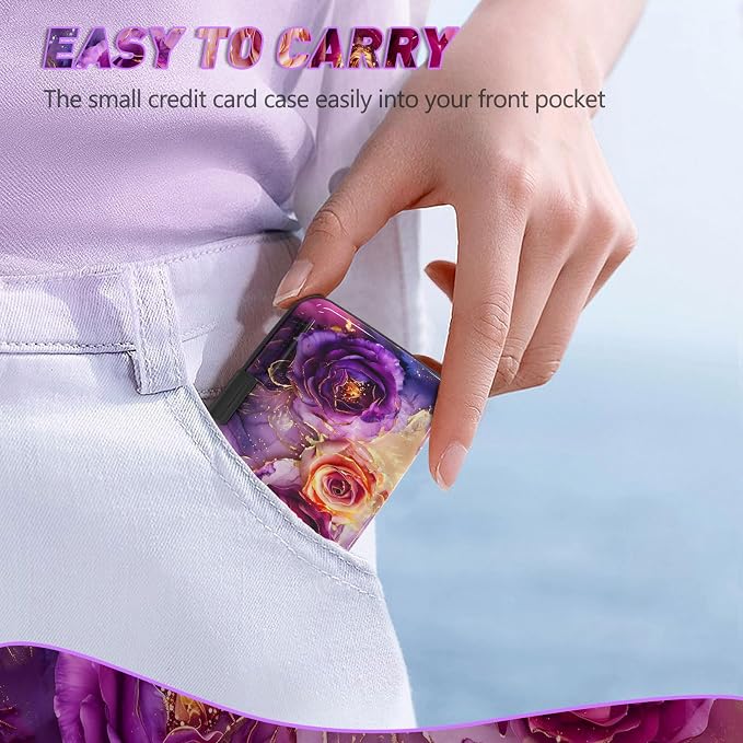 Credit Card Holder, Business Card Case Mini RFID Small Aluminum Card Wallet | Blocking Slim Metal RFID Blocking Front Pocket Wallet Hard Case Durable CC Holder for Women Girl, Purple Marble Flower - Image 6