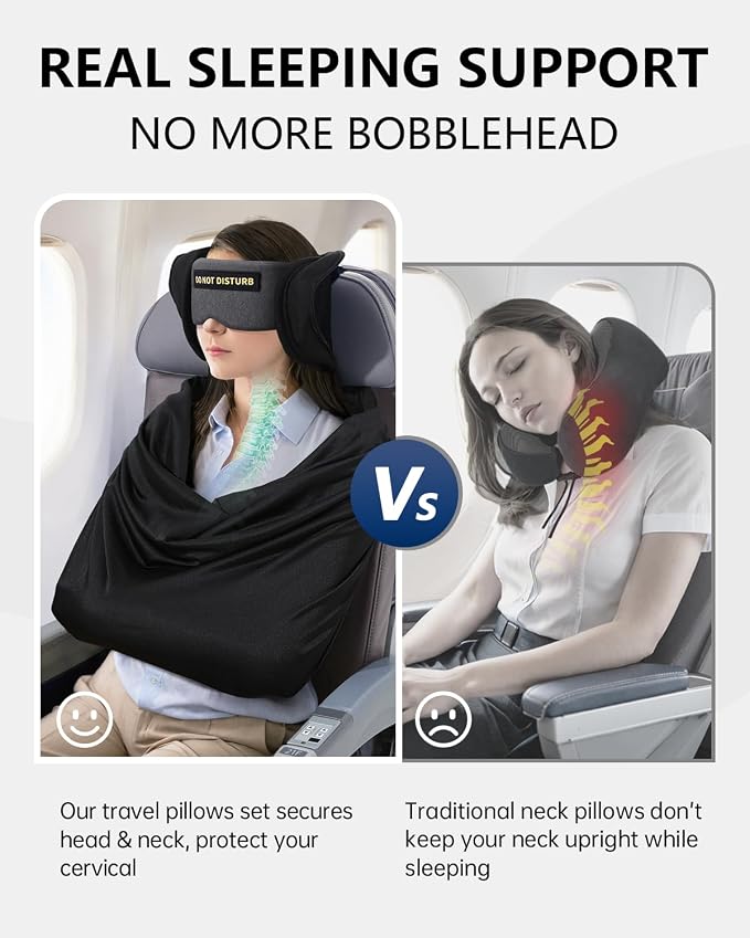 Travel Pillow and Blanket Set, Compact Airplane Pillow Bag with Eye Mask for Long Flights Sleeping, 360° Support Head Strap Travel Essentials for Plane Car Sleep Neck Upright, Stop Head Drop(Grey) - Image 3