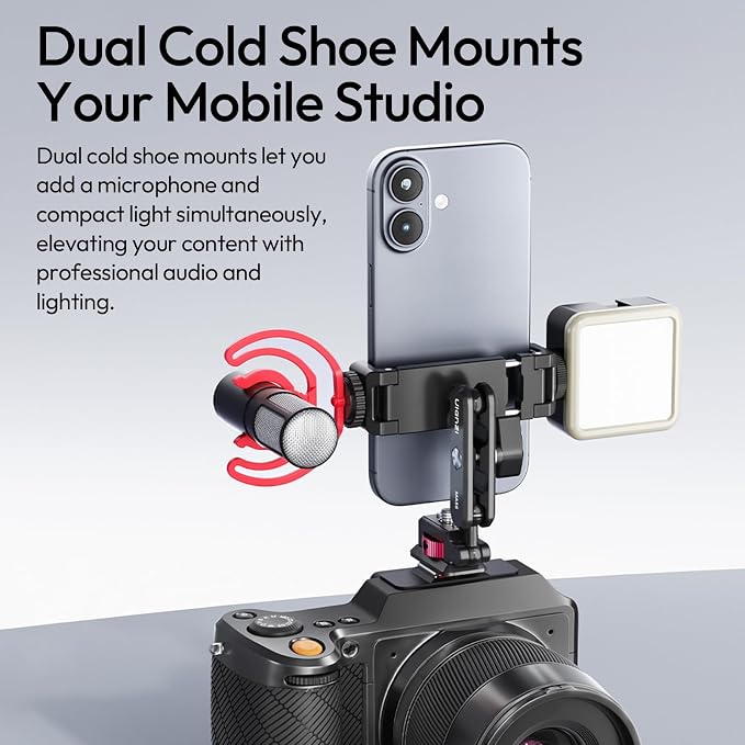 ULANZI MA56 4-in-1 Metal Phone Tripod Mount with Cold Shoe & Arca Swiss Plate, 360° Adjustable Hot Shoe Camera Phone Mount for iPhone, Compact All-in-One Adapter for Smartphone Photography & Video - Image 4