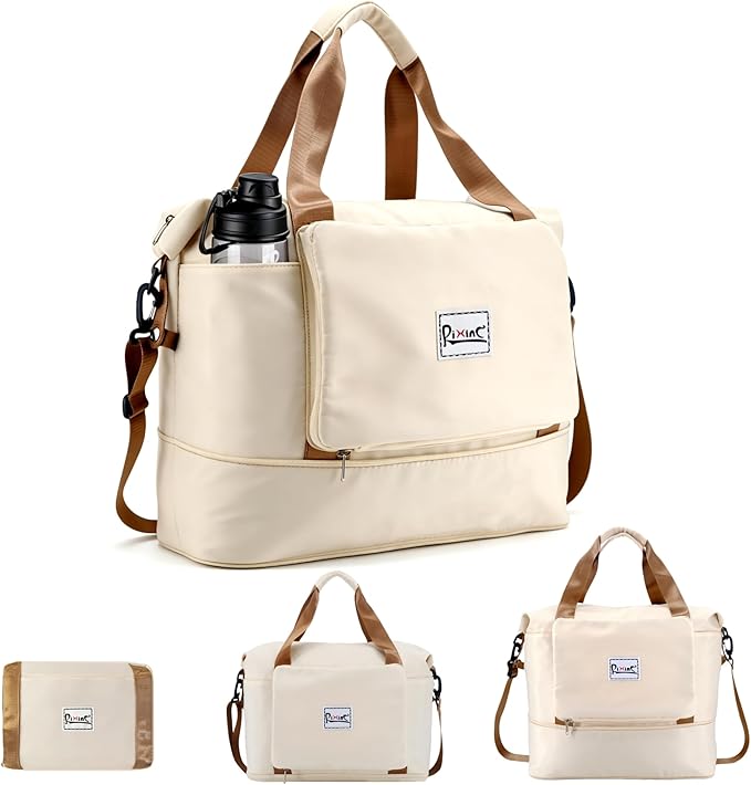 Foldable Travel Duffel Bag for Women, Beige | 40L Expandable Water-Resistant Carry on Bag, Personal Item Travel Bag Flight Approved with Wet Pocket for Gym Travel, Nylon by RIXINC