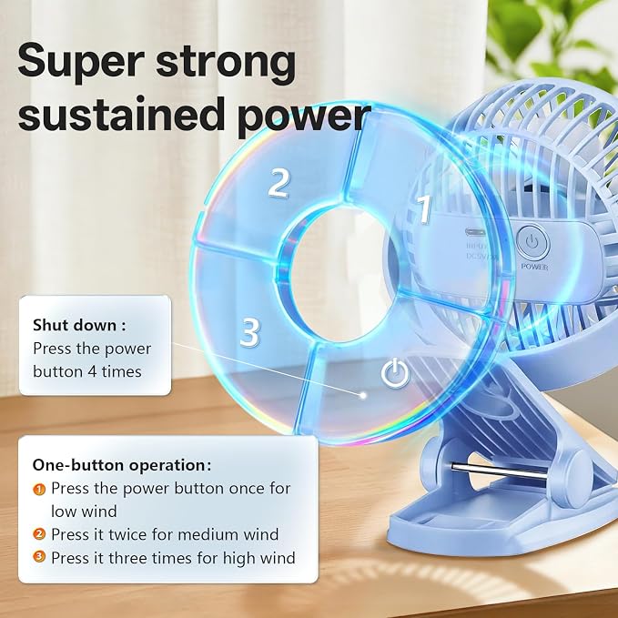 Portable Clip on Fan Rechargeable Mini for Desk Golf Camping Blue | 4000mAh 20H Battery, Quiet Brushless Motor 4.5m/s, One-Click Shutdown, 3 Speeds, Detachable Cover, Type-C Charge, 360° Rotate - Image 9