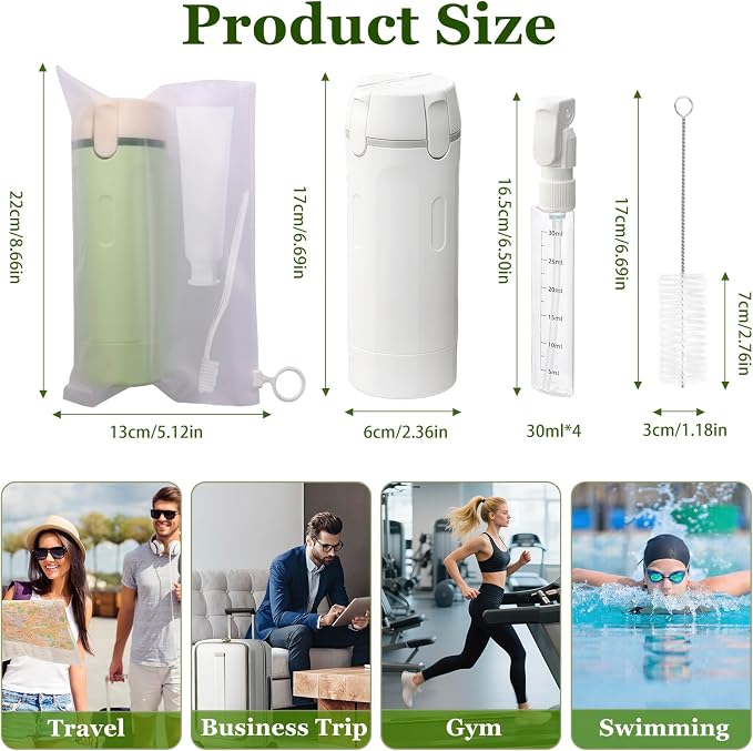 4 in 1 Travel Dispenser, Refillable Leak Proof Travel Bottle Set (Green) | 4 Pack 30ML TSA Approved Travel Toiletry Bottles with Stickers, Brush & Storage Bag for Shampoo, Lotion and Conditioner - Image 4