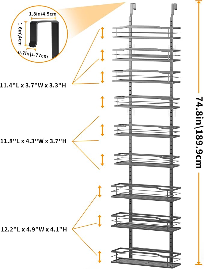 Moforoco 12.2"(W) Narrow 9-Tier Over The Door Pantry Organizer, Pantry Organization and Storage, Black Hanging Basket Wall Spice Rack Seasoning Shelves, Home & Kitchen - Image 2