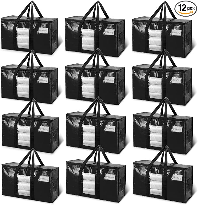 TAILI 12 Pack Black Extra Large Moving Bags,Storage Bag with Visible Window | 93L Heavy Duty Totes For Storage,Wrap Around Handles,Alternative to Moving Boxes, College Dorm,Perfect for Moving by TAILI