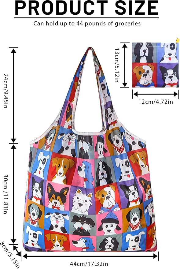 4 Pcs Reusable Grocery Bags, Foldable Shopping Bags Heavy Duty, Large Nano Bag Cute Tote Bag for Daily Shopping, Waterproof and Machine Washable (Animals) - Image 3