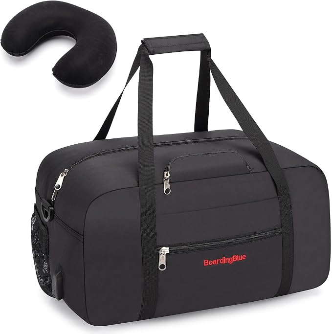 17x10x9 United Airline Personal Item Under Seat Duffel Bag With Free Pillow And USB Port (Black) by Boardingblue