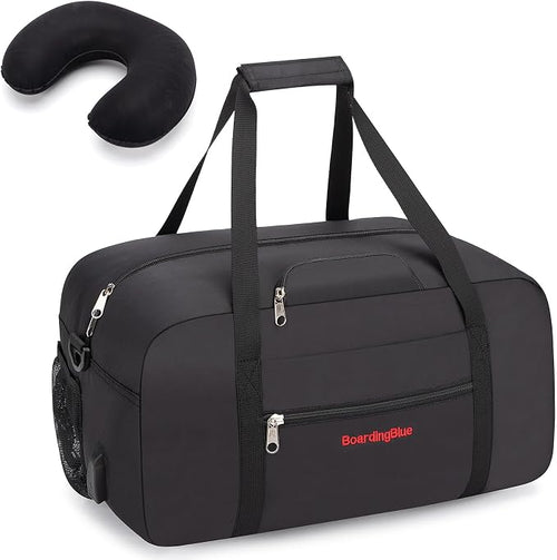 17x10x9 United Airline Personal Item Under Seat Duffel Bag With Free Pillow And USB Port (Black) by Boardingblue