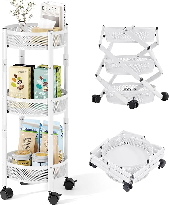 TOOLF 3 Tier Foldable Rolling Cart, Metal Utility Storage Cart, White | Assembly-Free, Lockable Wheels, Round Trolley Organizer for Bathroom, Kitchen, Office, Dorm, Laundry, Craft Room - Image 2