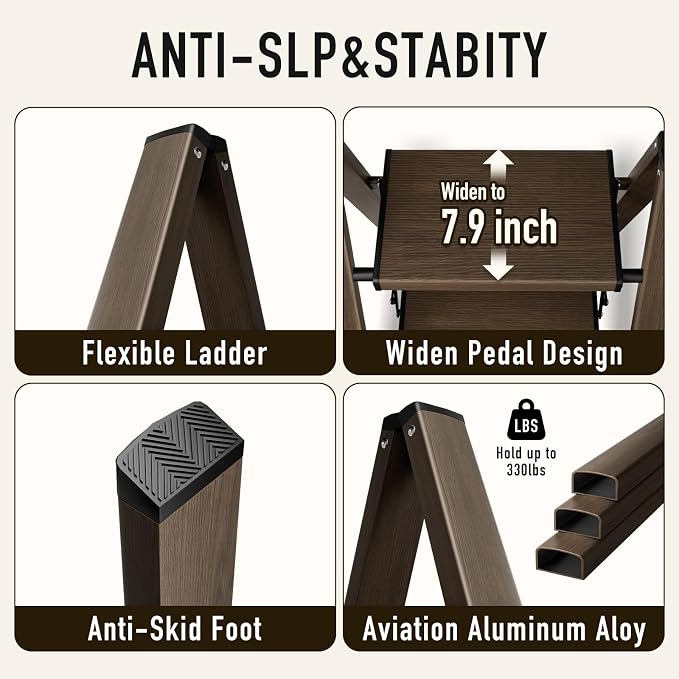 Mayi Plus 3 Step Stool Foldable, Aluminum, Lightweight Step Ladder | Extra-wide anti-slip folding steps with 330 lbs, for home,kitchen,office,outdoor,office,Walnut - Image 2
