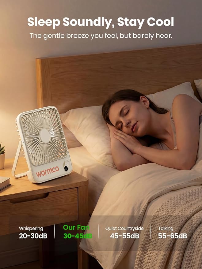 Warmco D3 Portable Travel Fan 10000mAh, Ultra-Slim, 24H Runtime | Quiet 7-Inch Rechargeable Desk Fan, Digital Display For Sleeping, Office, Bedroom & Cruise - Image 4