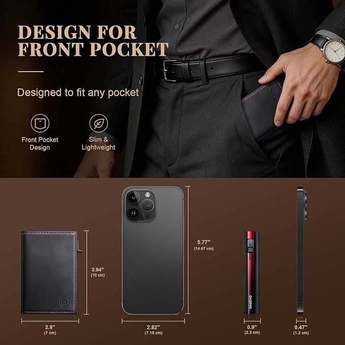 Wallet for Men Full Grain Leather Wallet with 2 ID Windows RFID Blocking Trifold Pop Up Credit Card Holder Wallet 9-11 Cards Slim Minimalist Genuine Leather Wallet for Men-Black Red - Image 7