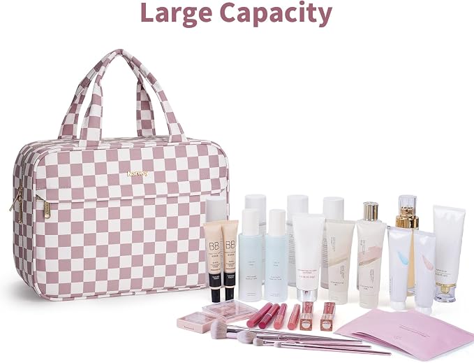 Narwey Hanging Travel Toiletry Bag for Women Checkered Makeup Bag Organizer Cosmetic Make up Toiletries Bag for Travel Essentials Accessories (Dusty Pink Checkerboard, Large) - Image 6