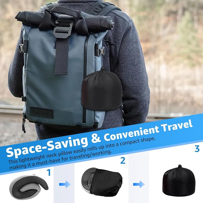Memory Foam Travel Neck Pillow | Ergonomic 360 Degree Head Support for Airplane, Car and Office Sleeping, with Breathable Cotton Cover and Carry Bag, Gray-2 - Image 8