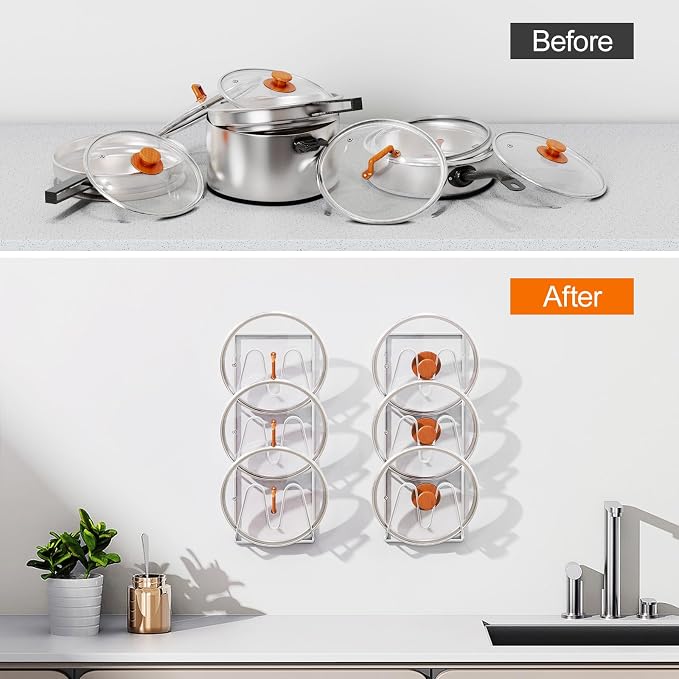 Durmmur 2 Pack Pot Lid Organizer, 6-Tier Lid Holder for Cabinet Door & Wall | Rustproof Metal Lid Organizer with No-Drill Adhesive Mounting for Pot and Pan Lids, Space-Saving Kitchen Storage, White - Image 6