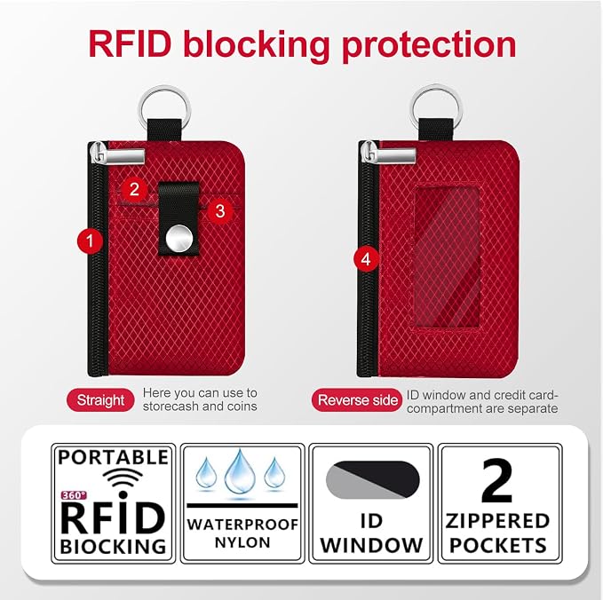 Minimalist RFID Blocking Small Wallet with ID Window,WaterResistant Zip Id Case Wallet with Lanyard Keychain for Cards,Cash,Travel,Women,Men (Red) - Image 2