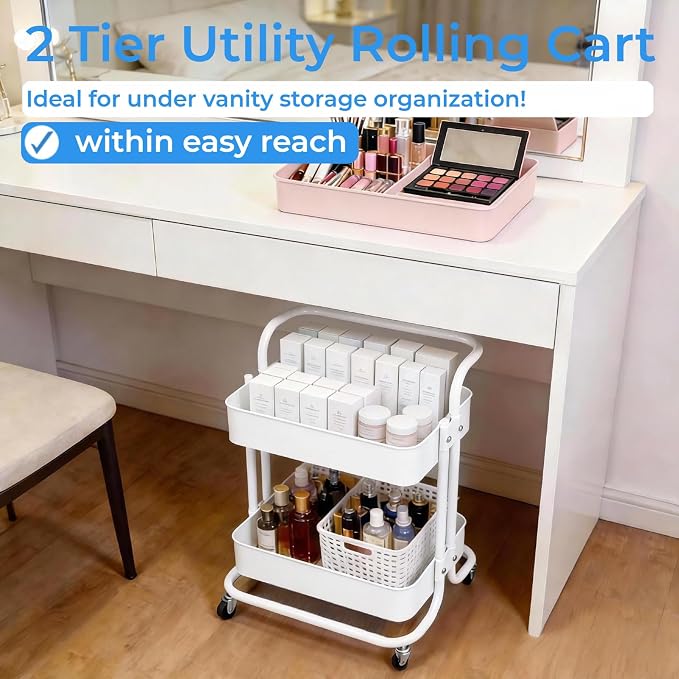 2 Tier Cart with Wheels Under Desk Storage with Handle, Metal Rolling Pantry Cart for Kitchen White Small Rolling Basket for Laundry Room Bathroom, Utility Shelf Organizer for Small Space - Image 7