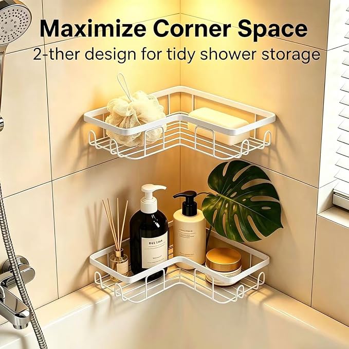 Shower Caddy 2 Pack, No Drilling Adhesive Bathroom Organizer Shelf Rack, Corner Shower Shelf with Hooks for Home Decor & Storage - Image 4