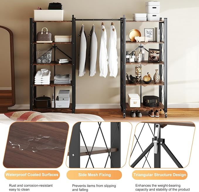 5-Tier Foldable Storage Shelves with Wheels,Folding Bookshelf no Assembly | Folding Metal Shelf Unit, Collapsible Shelves for Craft Shows for Kitchen, Bedroom, Living Room, Rustic Brown - Image 5