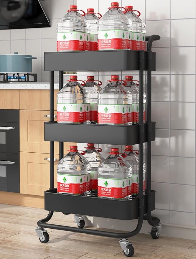 Sooyee 3 Tier Metal Utility Cart with Handle and Lockable Wheels, Black | Rolling Cart Multi-Functional Storage Cart for Office, School,Living Room, Kitchen, Bathroom, Bedroom,Laundry - Image 5
