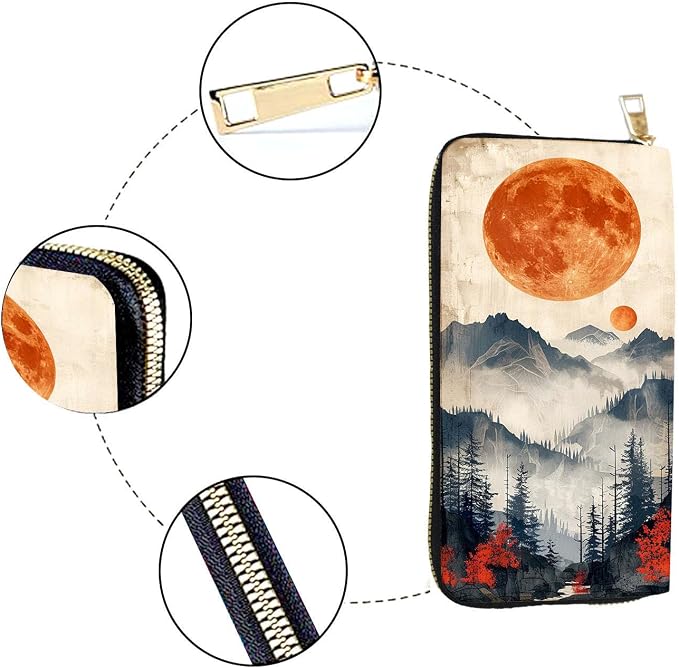 Women's RFID Blocking PU Leather Zip-Around Wallet, Large Capacity Clutch with Phone Holder, Travel Purse & Card Organizer with Removable Wristlet,Mountains Sunset Aesthetic - Image 4