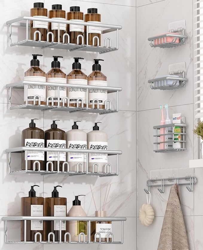 8 Pack Adhesive Large Capacity No-Drilling Shower Caddy, Silver | Rustproof Shower Shelves Rack with Soap Dishes, Toothbrush Holder & Hooks for Bathroom Organizers & Storage Accessories by Unknown