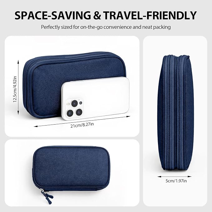 Double Layer Electronics Organizer Bag, Navy Blue | Water-resistant Oxford pouch with padded lining & 8 compartments. Compact 8.27x4.92in size. Includes 8 cable ties. - Image 2