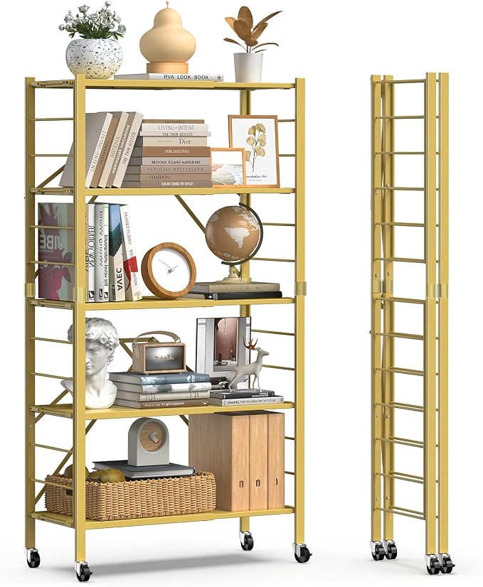 Himix 5-Tier Storage Shelf with Wheels Foldable Expandable Adjustable Gold | Folding shelving units, Metal collapsible organization, Changeable into 2 shelf units, Basement, Kitchen, Holds 2400 Ibs - Image 3