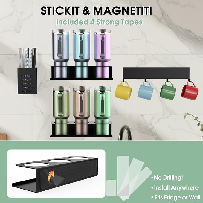 POLRAI 4 Pack Magnetic Cup Holder for Refrigerator, Water Bottle Organizer for Stanley and Tumbler, Accessory with Lid Hook Straw Holder and Double Sided Tape for Kitchen Fridge Cabinet - Image 3