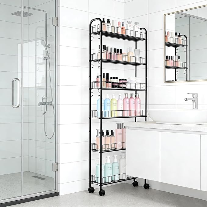 Slim Storage Cart with Wheels, Metal 6-Tier 6in Black Narrow Rolling Shelf, Sturdy Slim Storage with Hooks Ideal for Kitchen, Bathroom, and Laundry Room - Image 5