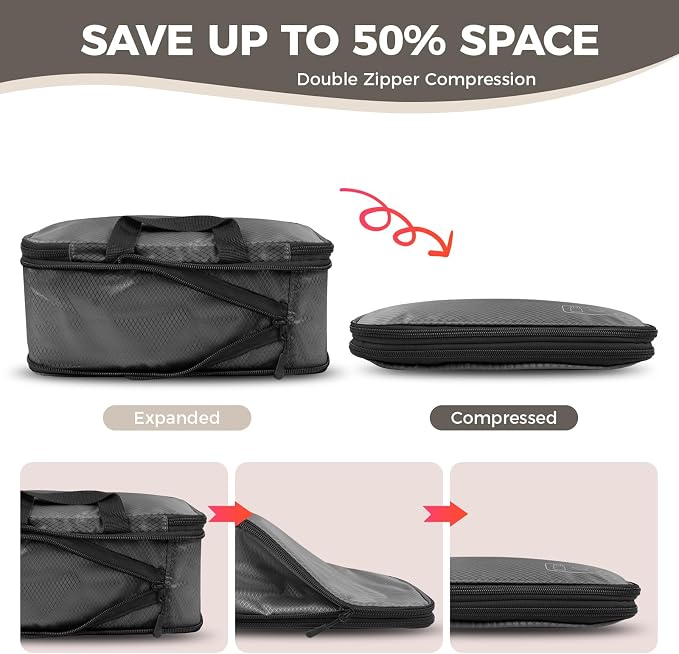 Compression Packing Cubes for 7 Days Travel, 8-Piece Space Saving and Tidy | Luggage Organizer with Double Zipper Design, Space-save for Suitcase & Carry-On, Ideal for Business Trip Weekends- Gray - Image 3