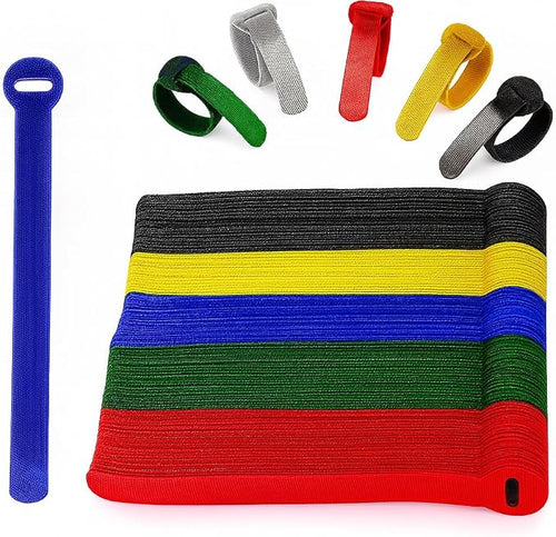 100 x Colourful Reusable Cable Ties, Cable Straps, Adjustable Cable Ties, Strong Hook and Loop Cable Straps with Buckle for TV Cables, PC Cables and Desk Organisation by ARMIZ