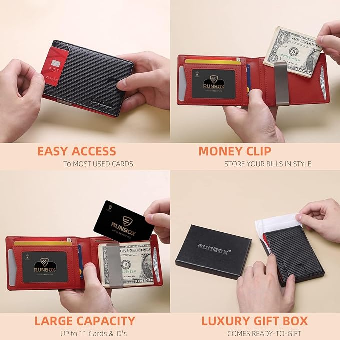 RUNBOX Slim Wallet for Men - RFID Blocking Leather Bifold with Money Clip | Minimalist Front Pocket Wallet Holds 11 Cards,Slim Thin Design,RFID Blocking Protection, Practical Birthday Gifts for Men - Image 2