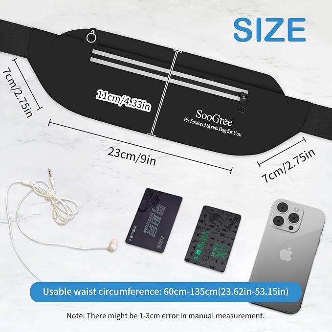SooGree Running Waist Pack for Men Women, Lightweight Waterproof Sports Belt Bag, Phone Running Pouch, Night Reflective Fitness Storage Bag for Running Cycling Hiking Traveling (Black) - Image 2