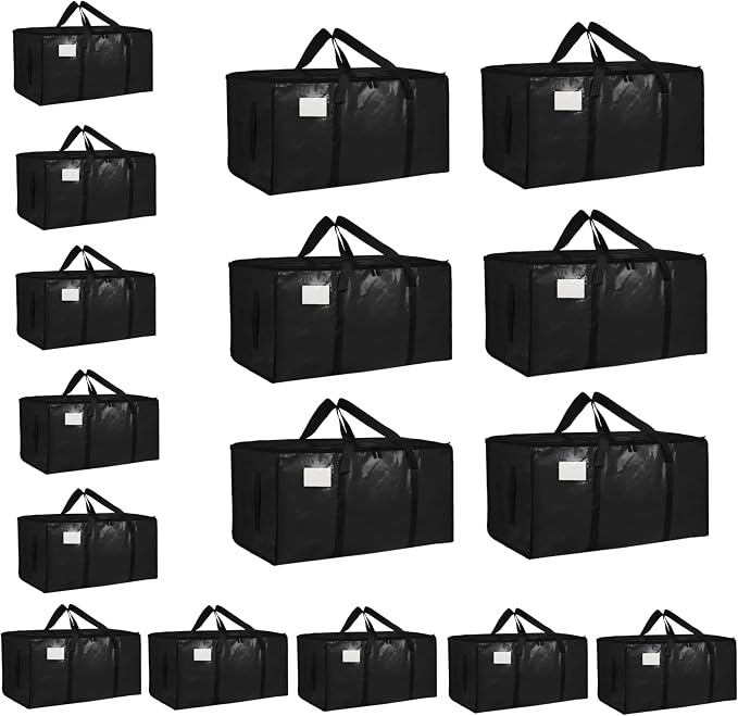 16 Pack-Extra Large Heavy Duty Moving Bags - Waterproof Storage Totes with Handles & Zippers, Foldable for College Dorm, Storage (Black) by Unknown