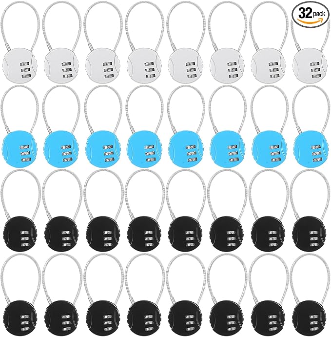32 Pack 3 Digit Combination Cable Padlock,Black,Silver,Blue | Resettable for Gym Locker Luggage Backpack, Waterproof Outdoor Security, Small Combo Lock for Travel School Storage by Moxweyeni