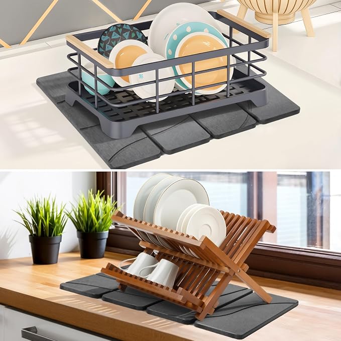 Small Stone Dish Drying Mat for Kitchen Counter, 2 PCS 16"×12" & 8"x4" Quick Dry Stone Mats, Foldable Water Absorbing Diatomite Drying Dish Pad for Countertop Bottles Utensils Cups(Carved Gray) - Image 6
