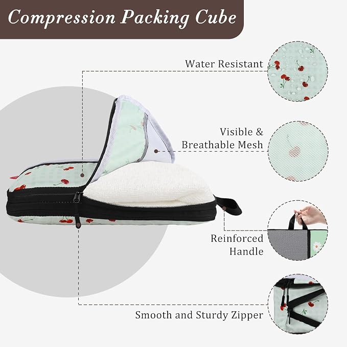 U+U 4 Set Compression Packing Cubes, Travel Organizers (Sage Green Cherry) | Space-Saving & Lightweight Travel - Image 2