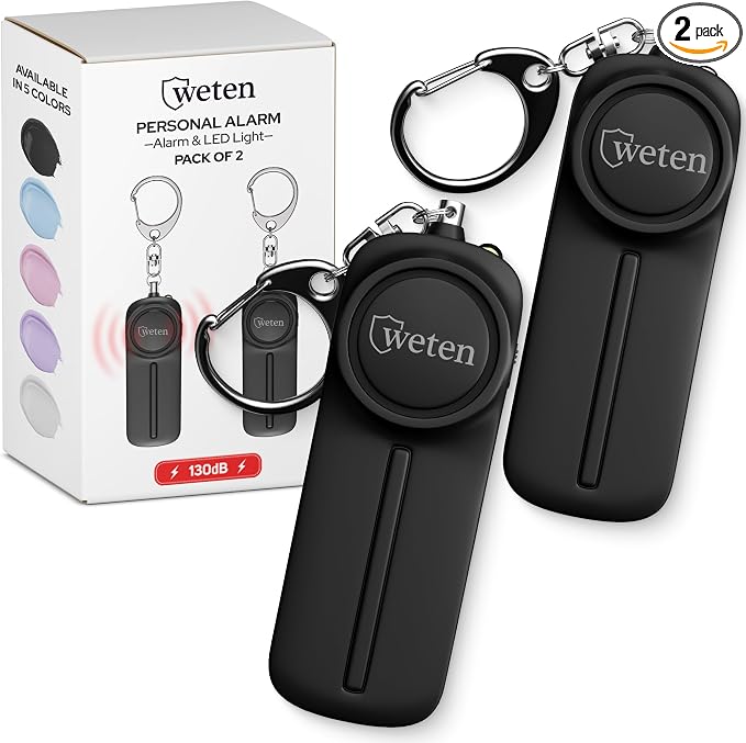 Personal Safety Alarm Keychain for Women, 130dB Siren, 2 Pack Black | LED Light, Panic Pin, Self-Defense Device, Emergency Whistle Alternative for College, Travel, and Night Walk Protection by WETEN