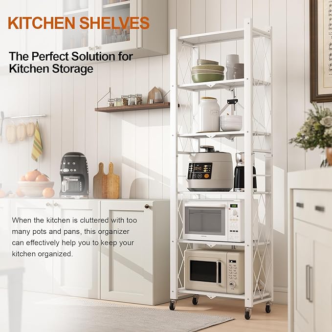 6-Tier Foldable Storage Shelves with Wheels, Folding Metal Shelf Unit | Folding Bookshelf no Assembly, Collapsible Shelves for Craft Shows for Kitchen, Bedroom, Living Room, White - Image 3