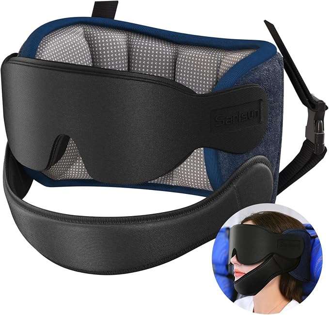 SARISUN Travel Pillow with Chin Strap, Stable Head Support for Long Flight | Extra Chin Support, Secures to Seat Headrest, Airplane Sleep Without Head Bobbing, 360° Support Plane Pillow, Mottled Grey by SARISUN